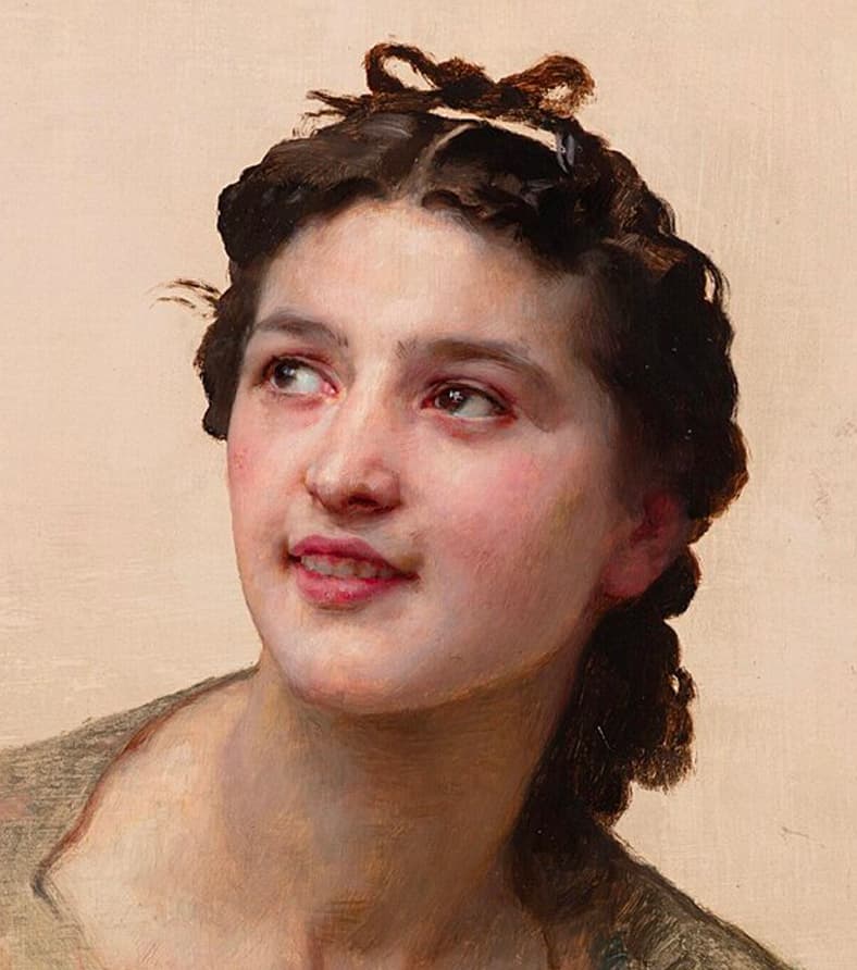 A cropped detail of Bouguereau's oil study of a smiling girl.
