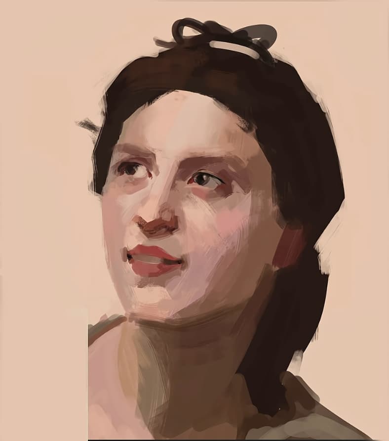 The same face painted digitally in thirty brush strokes, as loose blocks of light and shadow.